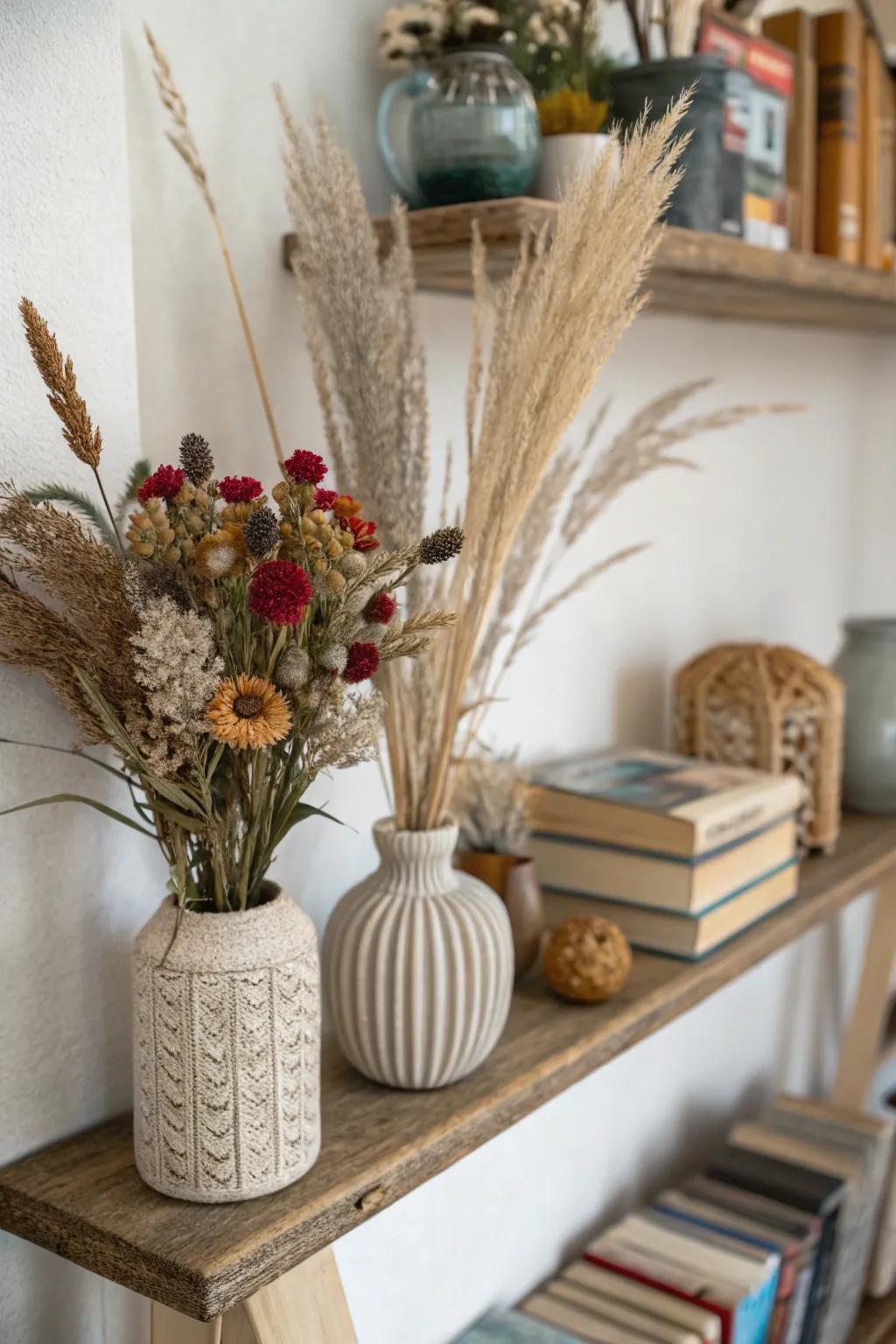 Introduce a boho vibe with preserved flowers and pampas grass.