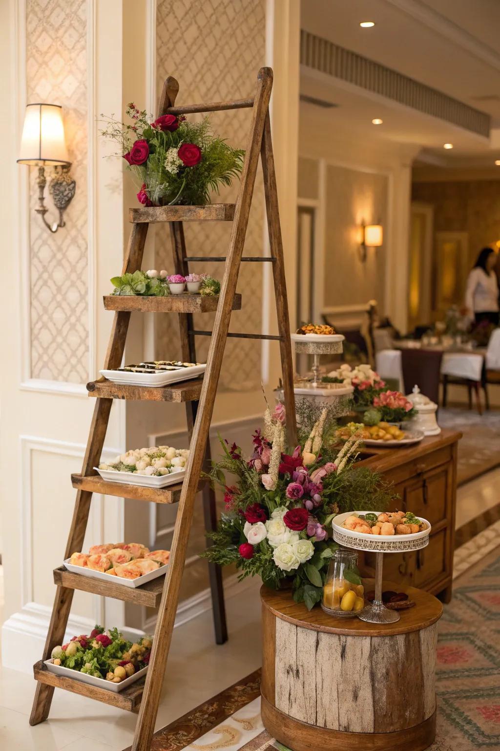 A staircase buffet offers an imaginative and attention-grabbing buffet display.