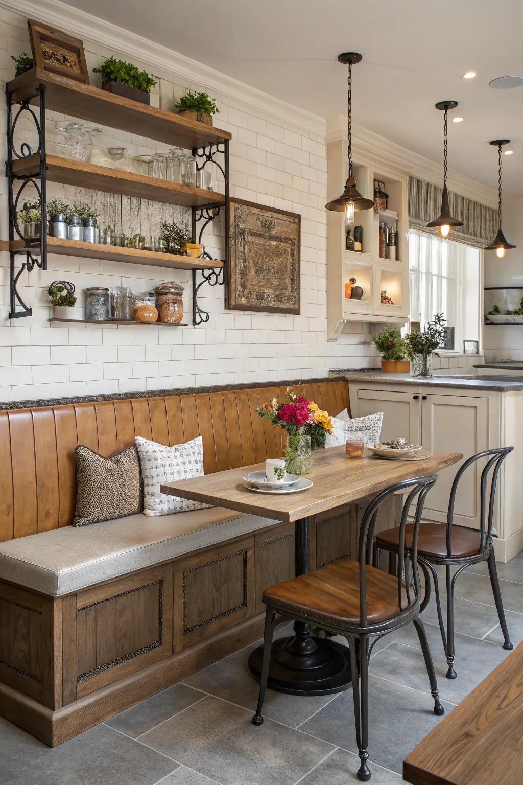 Blending diverse materials to create a vibrant kitchen banquette design.