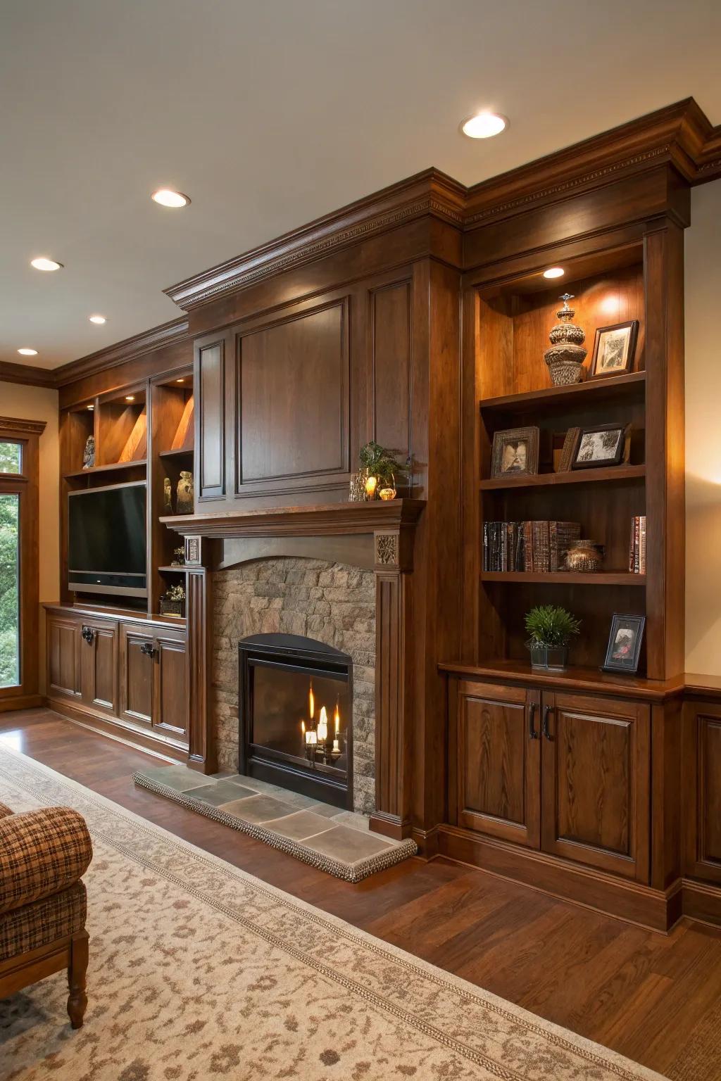 Profound wood hues convey an opulent, traditional sensation to fireplace built-ins.