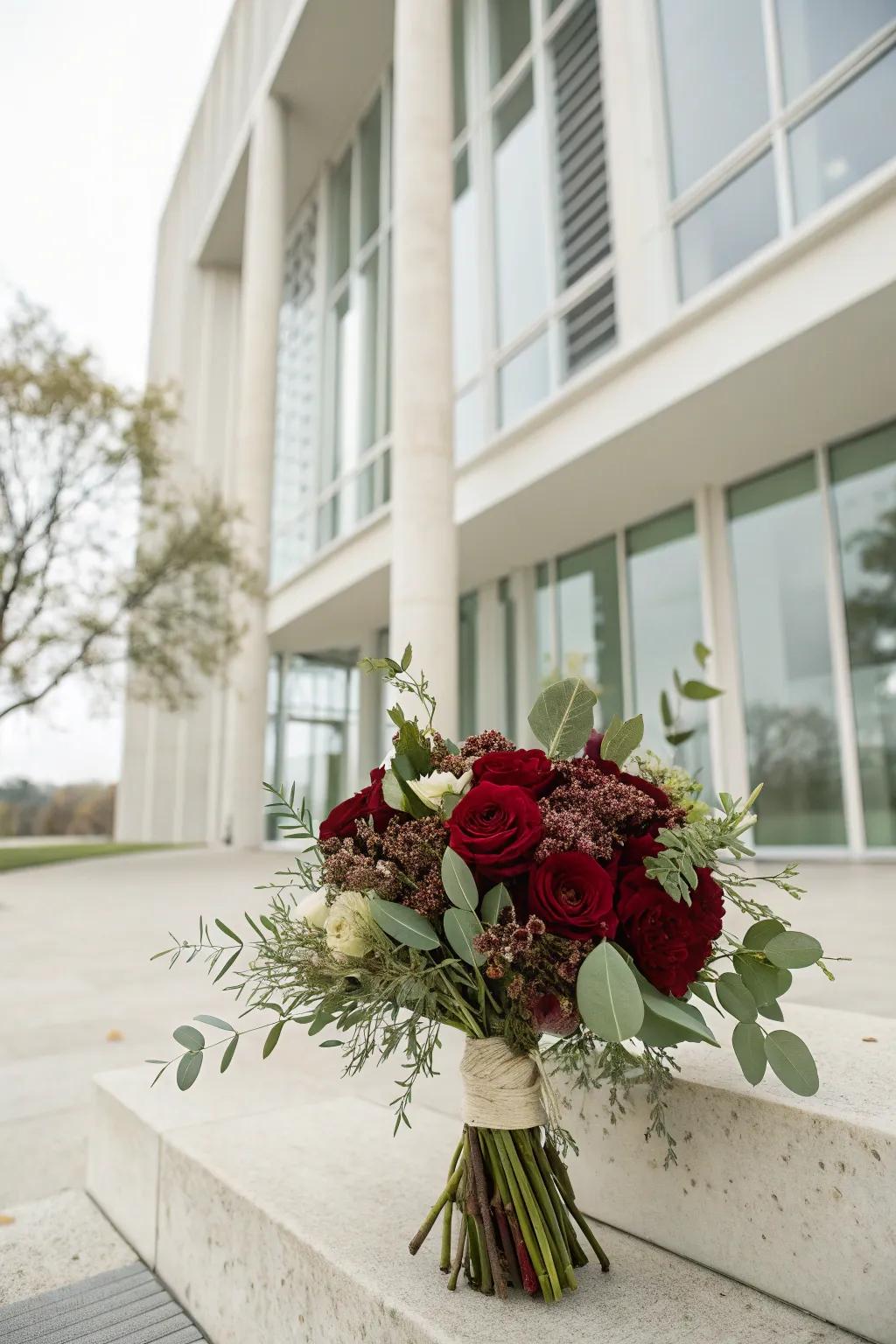 Simple burgundy bouquet featuring minimal foliage.