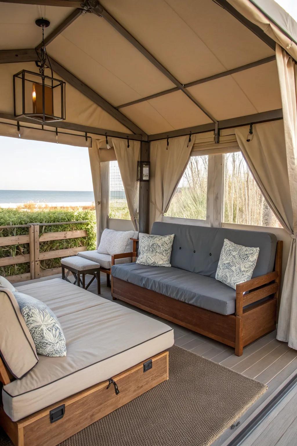 A versatile cabana furnished with multiuse pieces for improved flexibility.