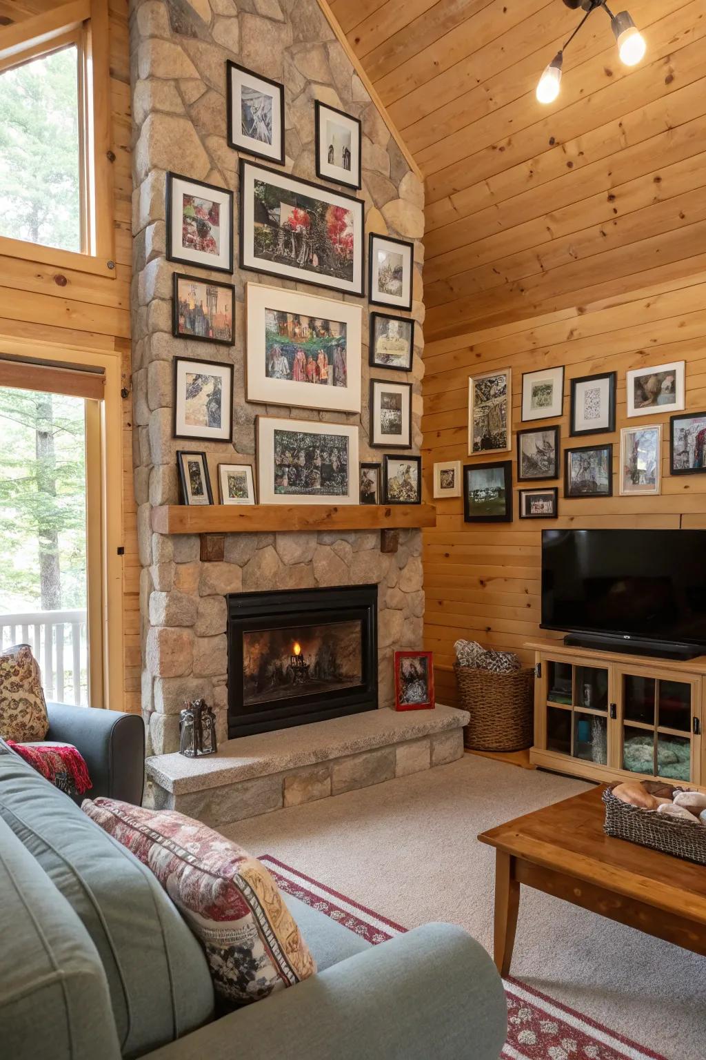 A picture display adds warmth and personal touch to this cabin living area.