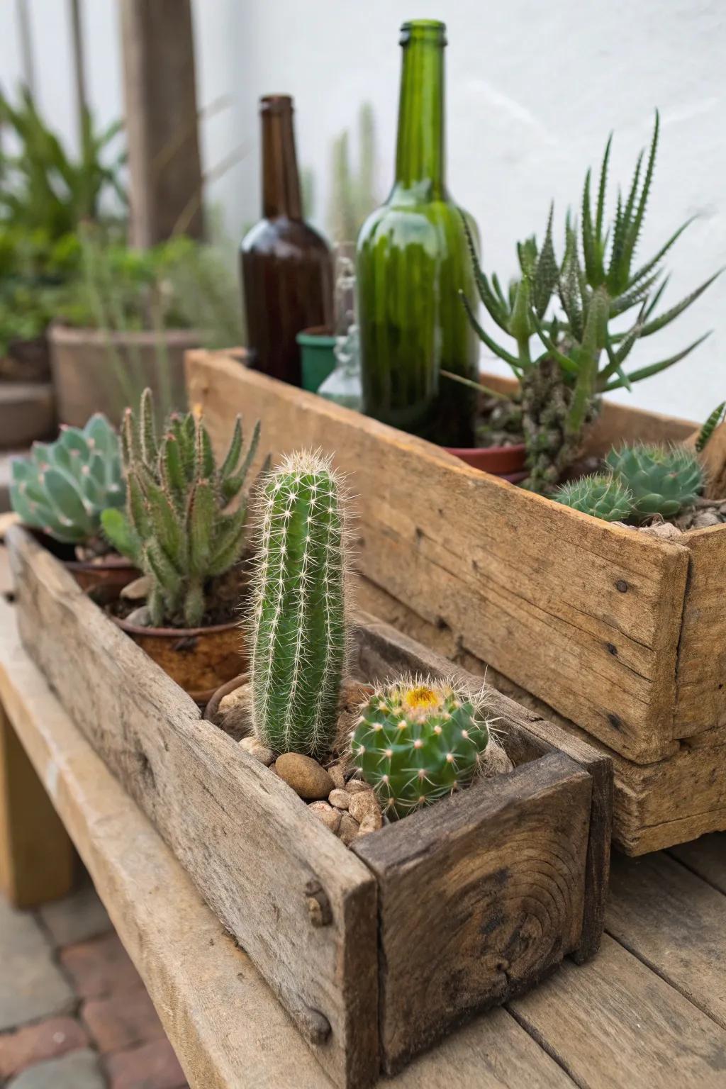 Eco-sympathetic materials contribute a sustainable accent to cactus displays.