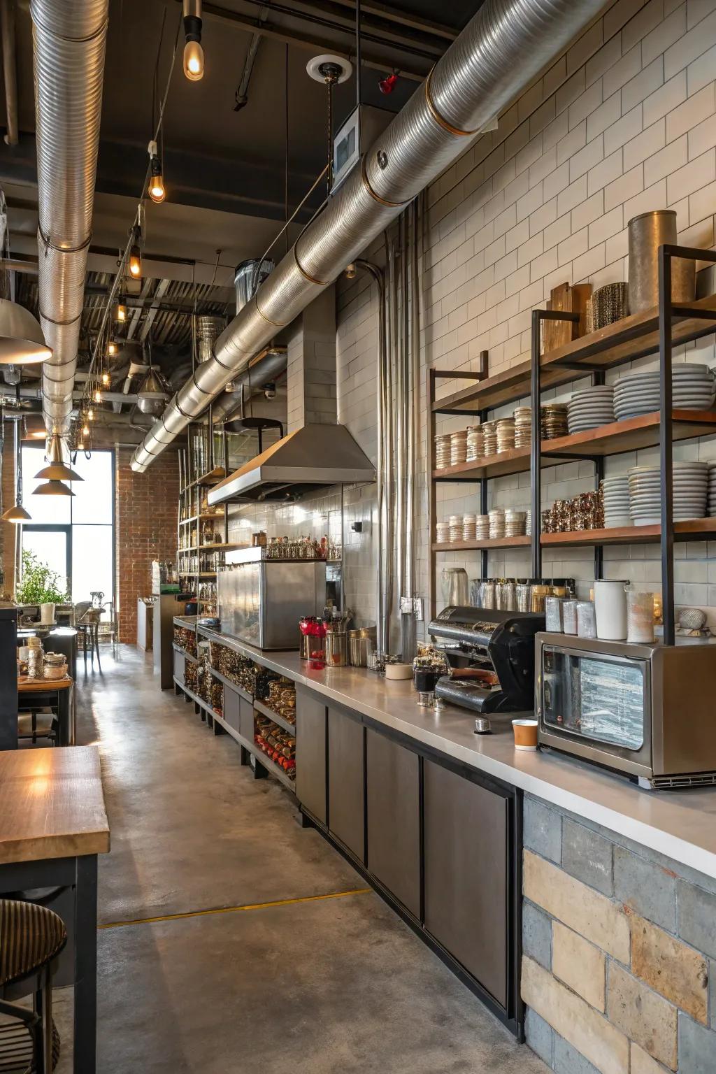 The modern edge created by the industrial features makes this cafe kitchen stand out.