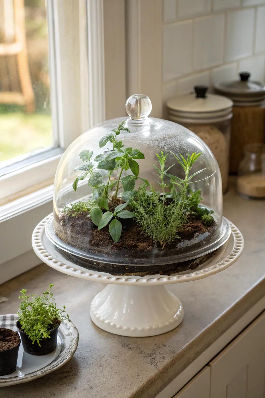 Care for your indoor garden using a small greenhouse cover.