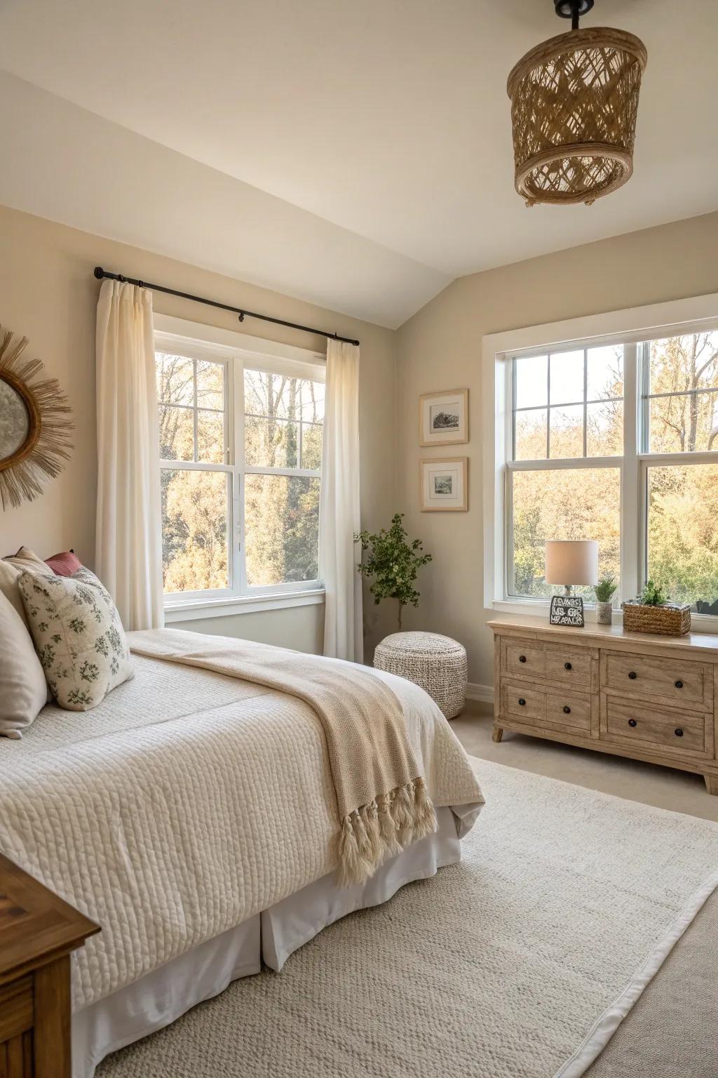 Light sand walls fashion a welcoming and airy feel.