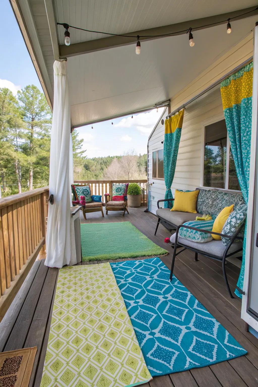 Outdoor rugs adding comfort and design to the porch.