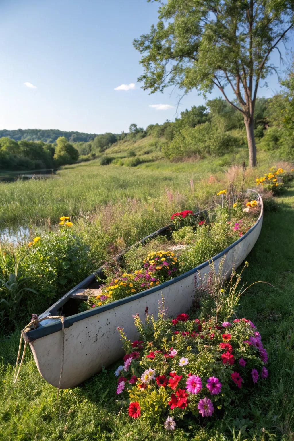 Wildflowers in a boat planter create a meadow-like charm.