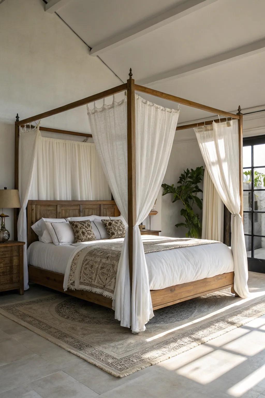 A draped bed doubles as a stylish room divider in a studio.