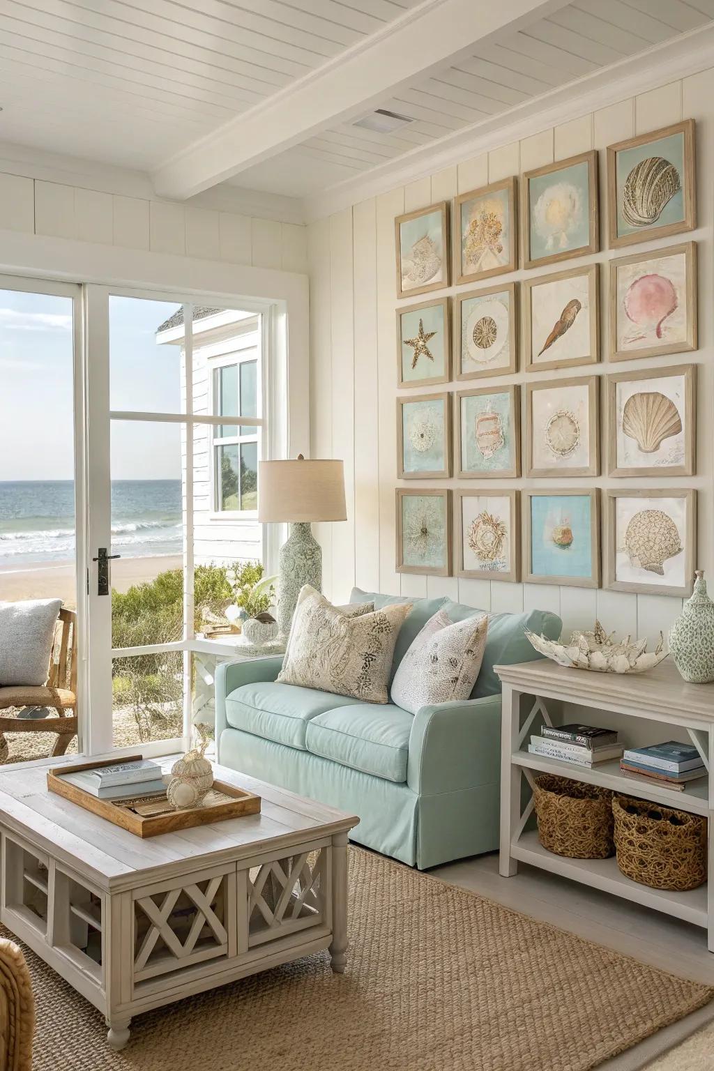 Seashell art engenders a relaxed and beachy atmosphere.