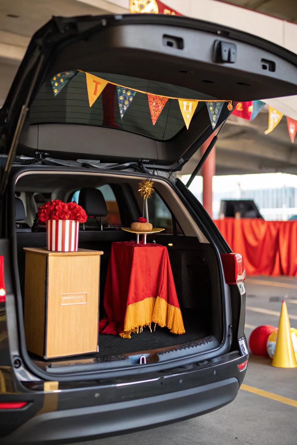A fascinating ringleader's platform, commanding attention at the trunk-or-treat gathering.