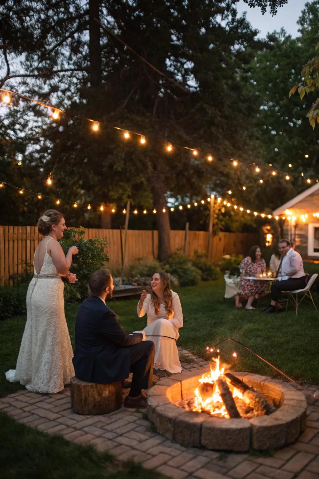 A cozy fire pit gathering wraps up the wedding festivities.