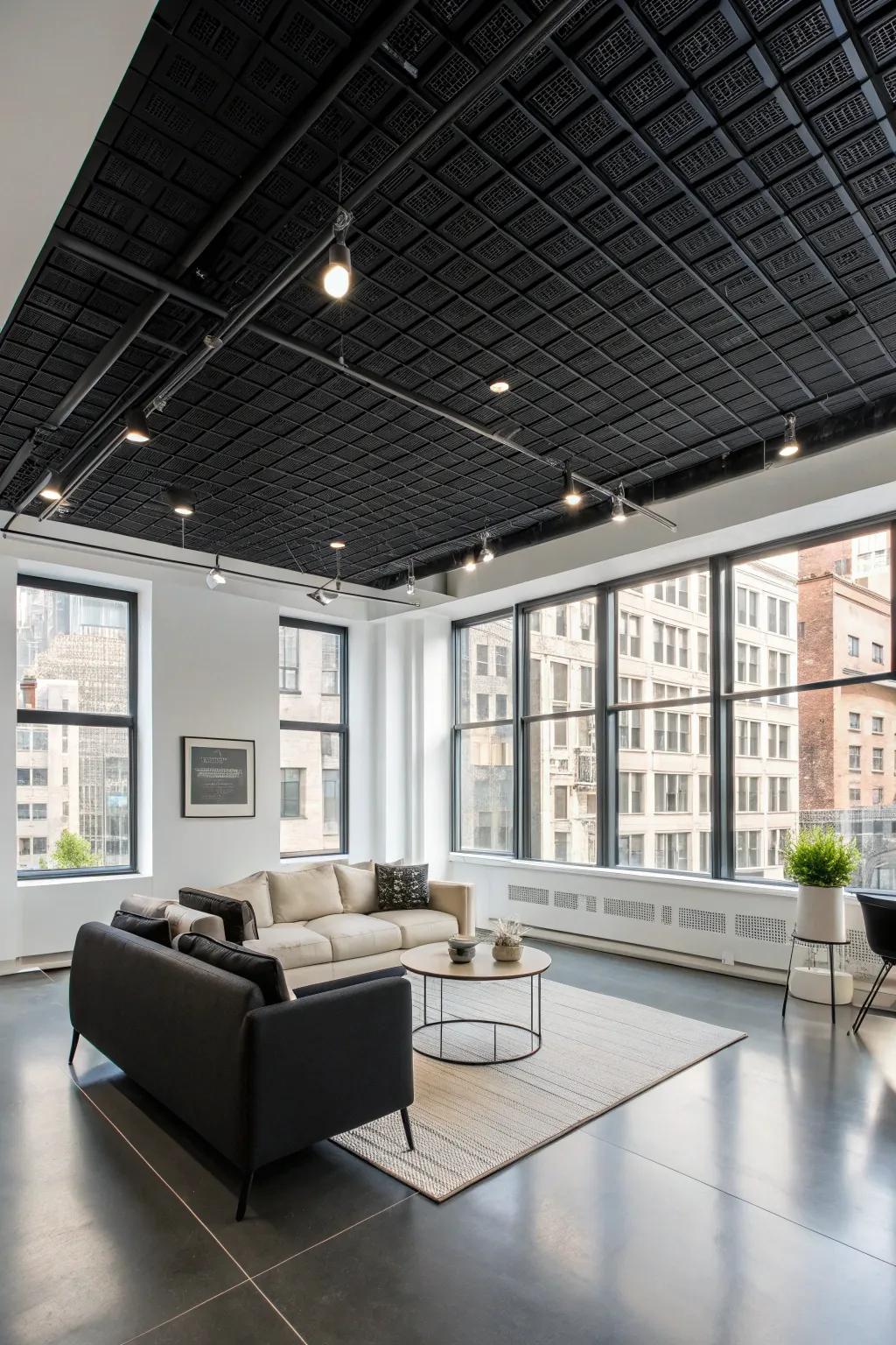 Make a bold statement using ebony ceiling boards.