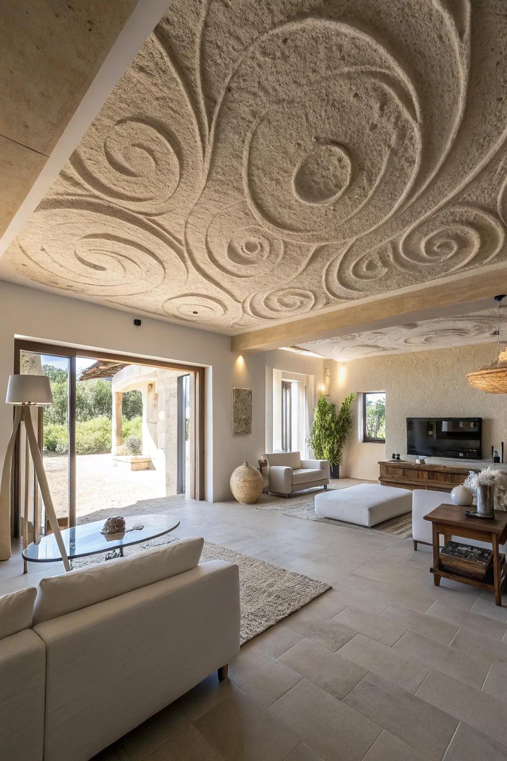 Make a bold statement with the dynamic sand swirl ceiling texture.