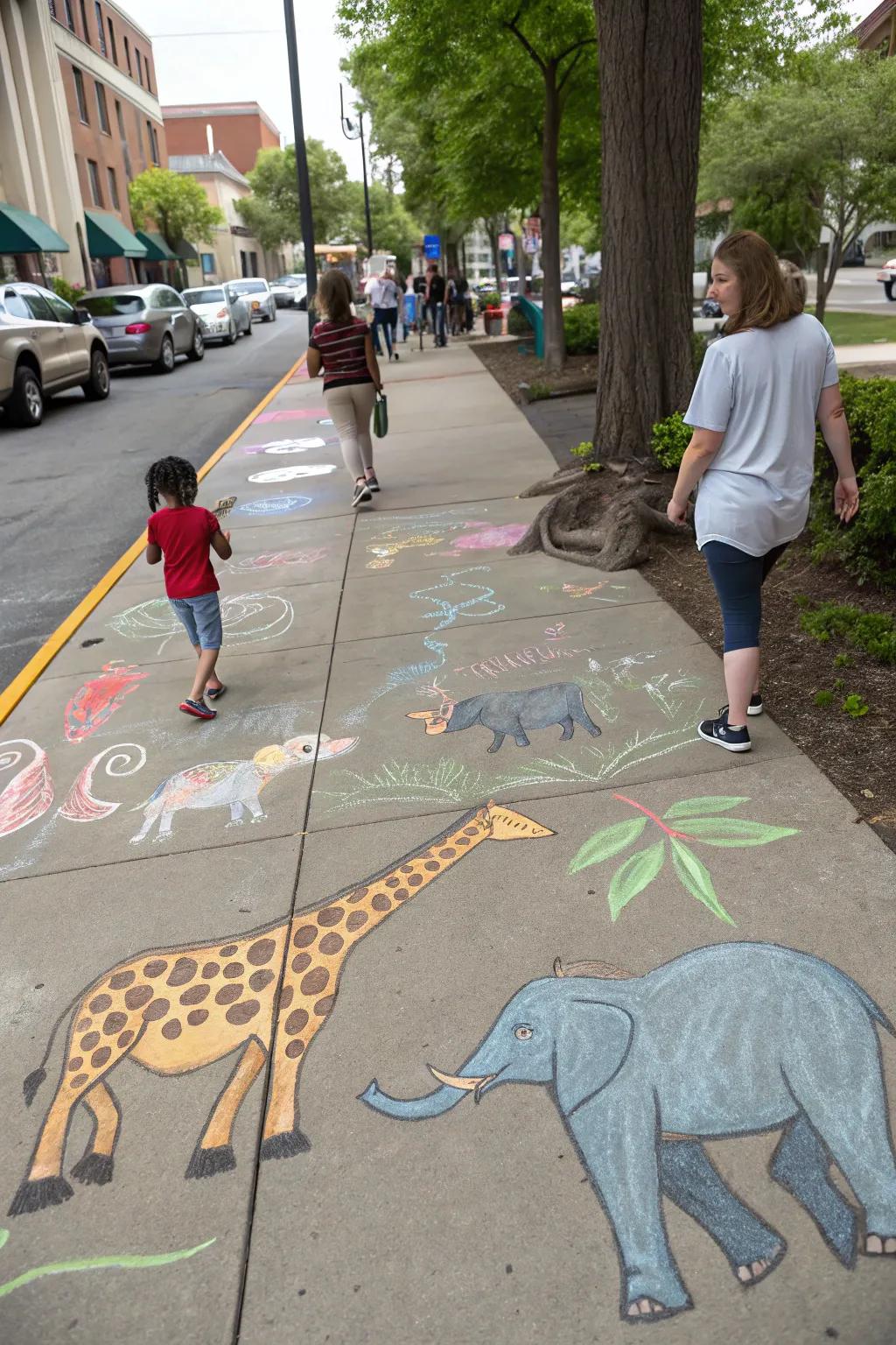 A playful zoo scene designed with chalk, showcasing a variety of animals.