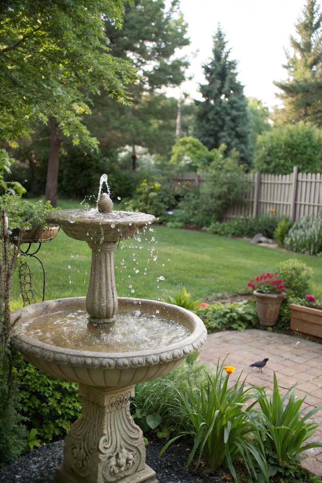 A bird bath fountain entices wildlife and introduces tranquility.