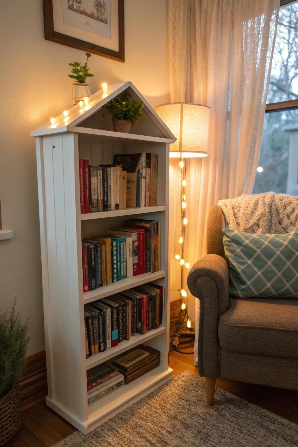 A personal library corner filled with favorite books and decor.