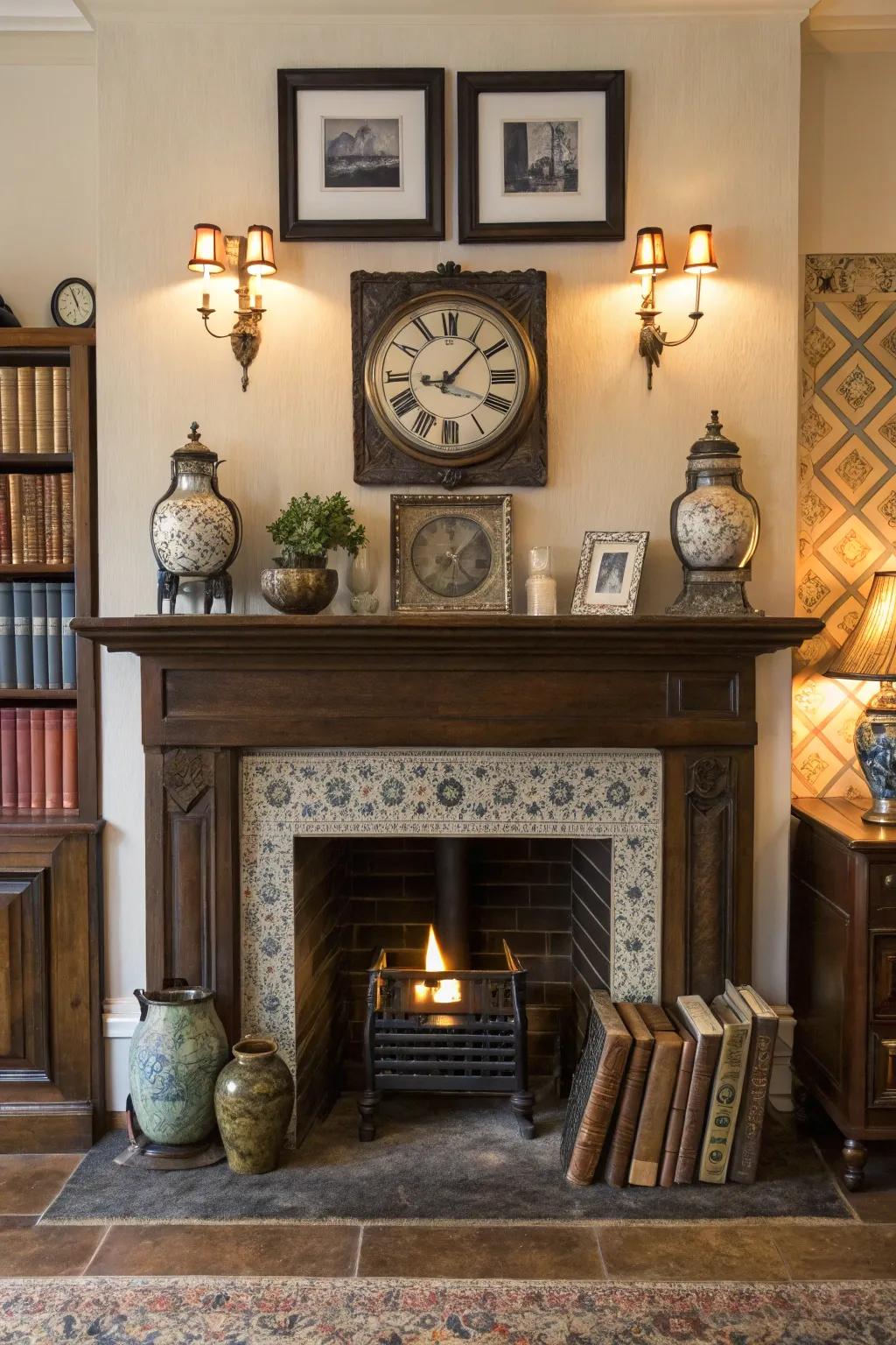Blending vintage and modern elements injects eclectic charm into the fireplace.