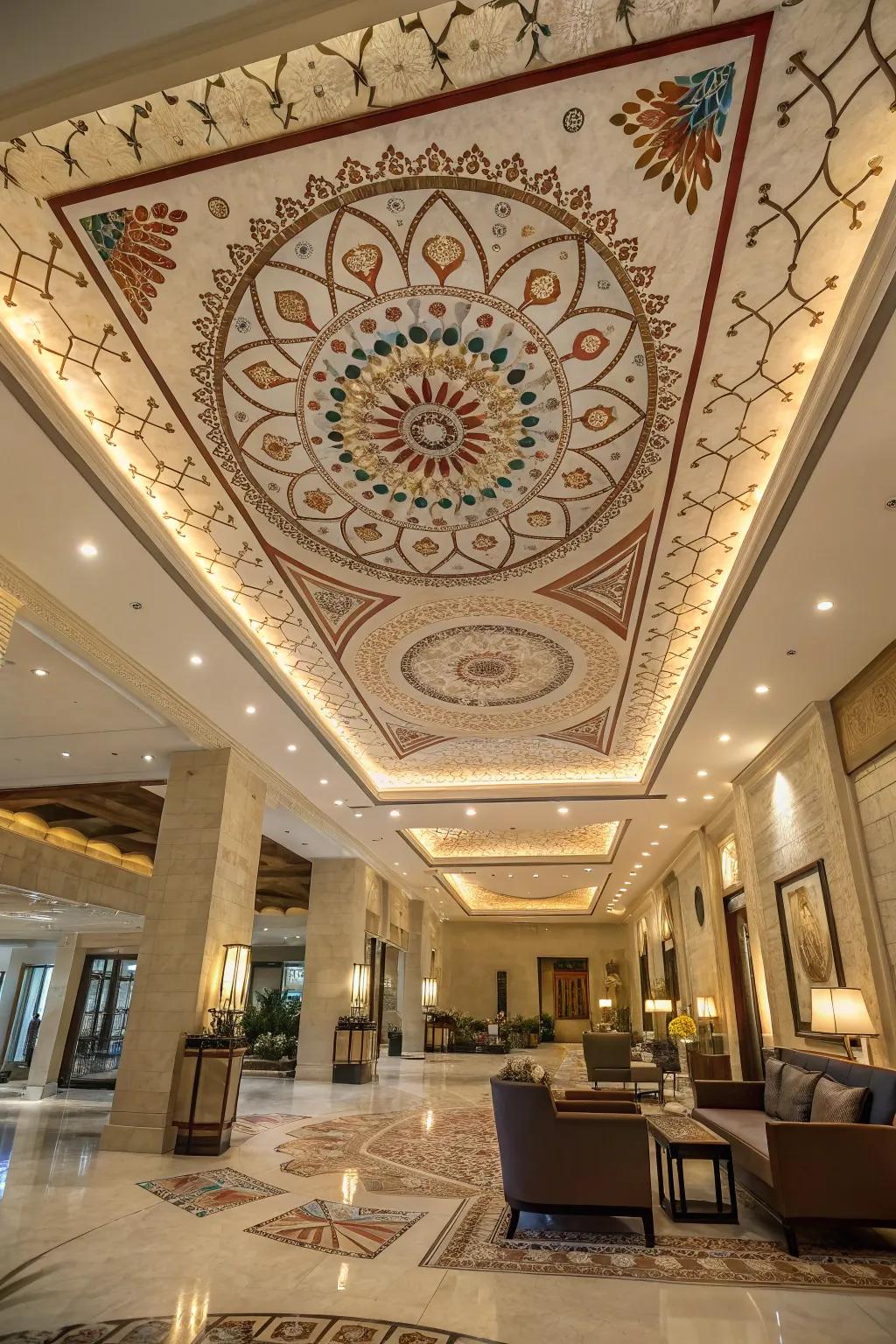An artistic overhead design drawing attention in the entrance.