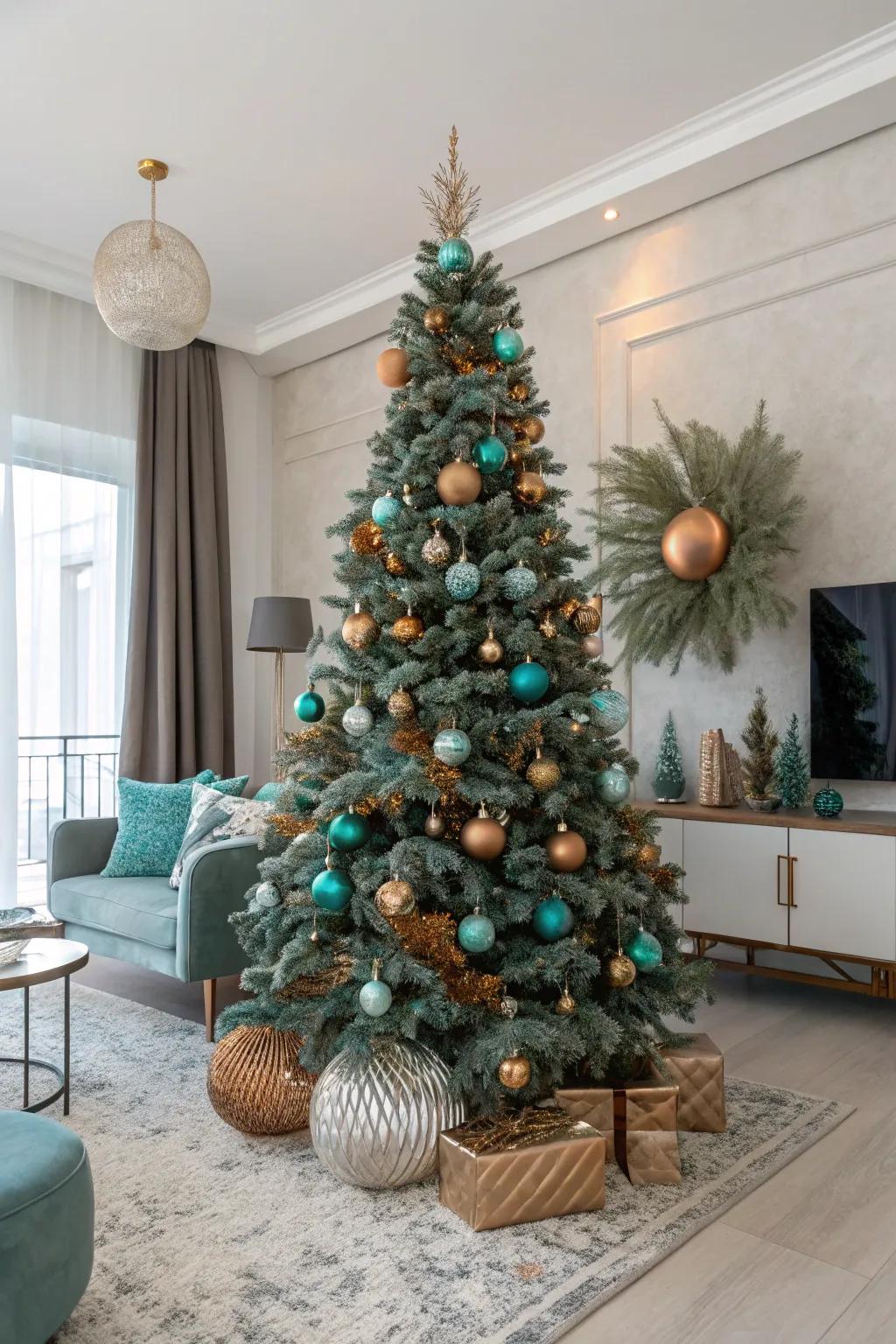 A chic Christmas with cyan and copper.
