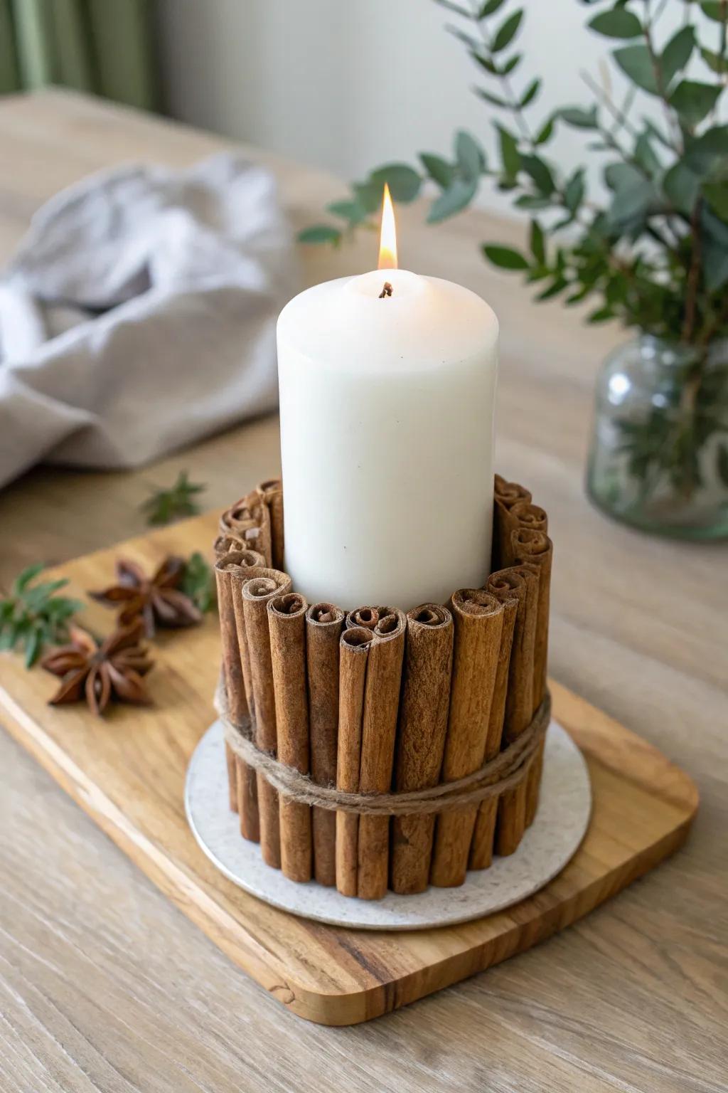 Embrace the warmth of the season with a handmade cinnamon stick candle holder, adding a fragrant and stylish touch to your minimalist holiday decor.