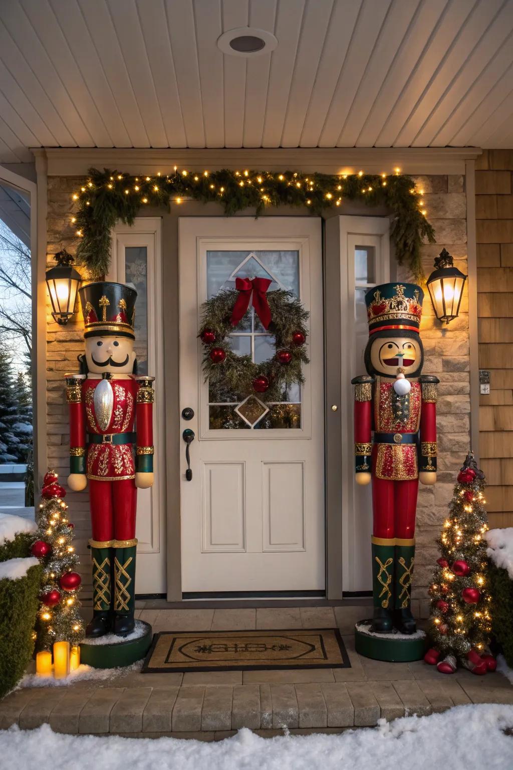 Nutcracker figures stand guard at this celebratory entrance.