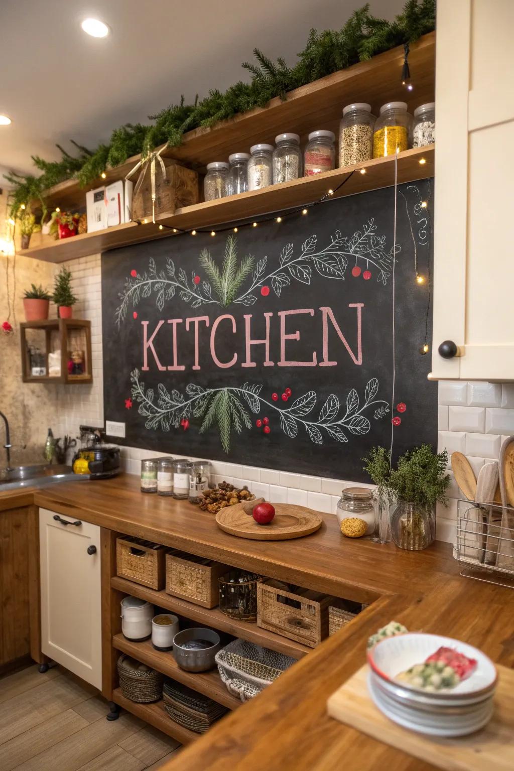 A blackboard presenting a celebratory note conveys interactive glee to the cooking space.