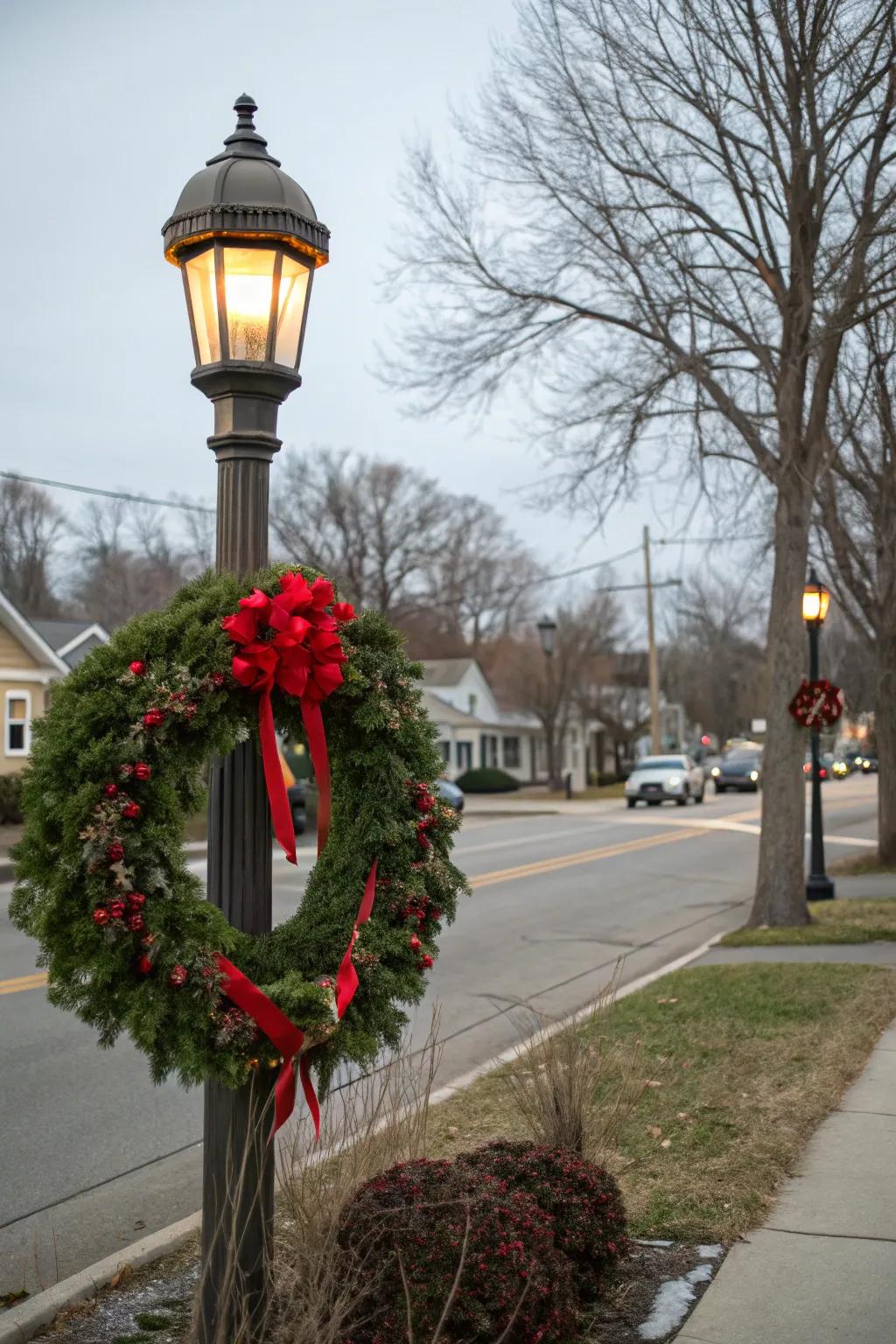 A welcoming wreath heats up a wintery lamp post.