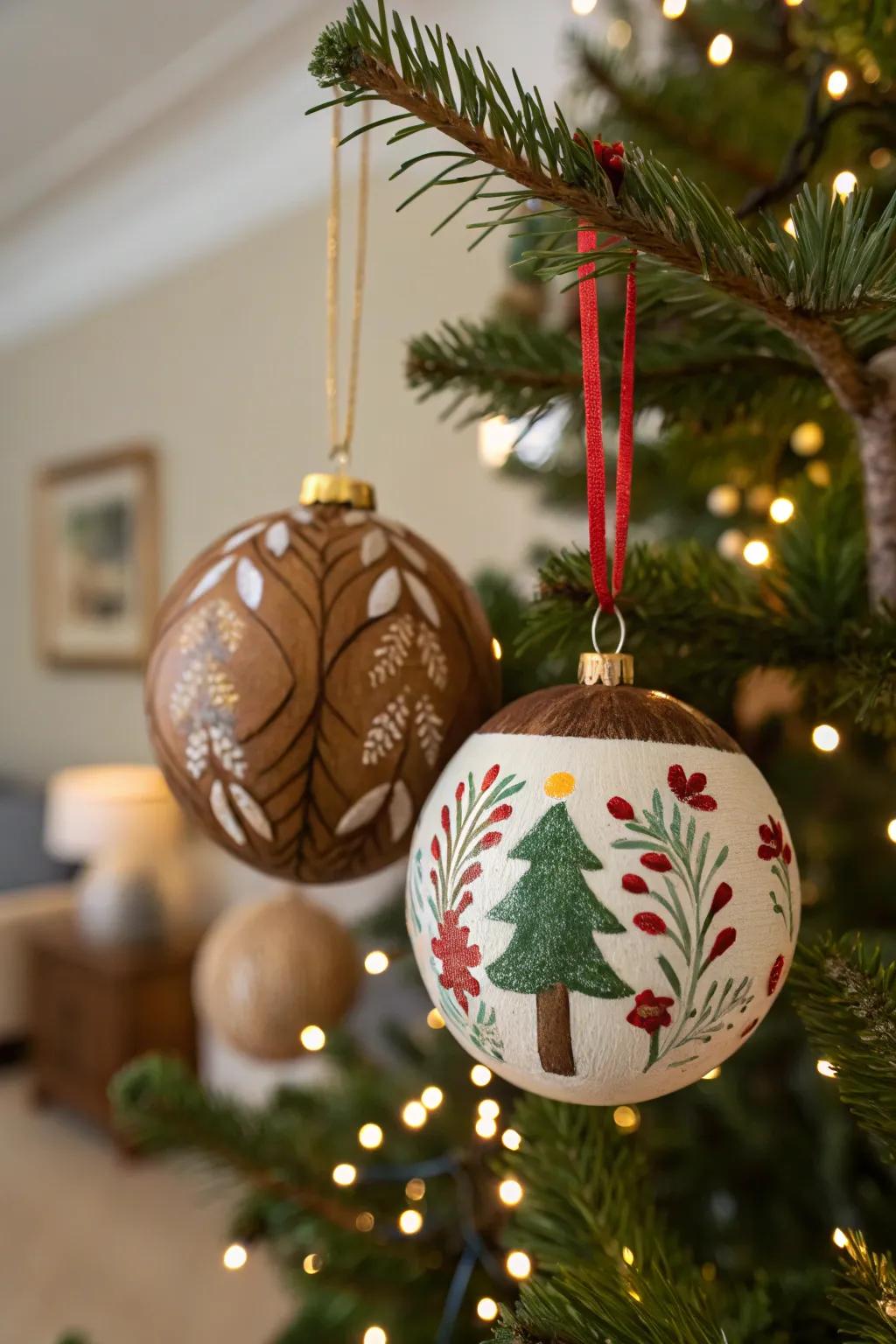 Painted nut decorations contributing whimsy to a tree.