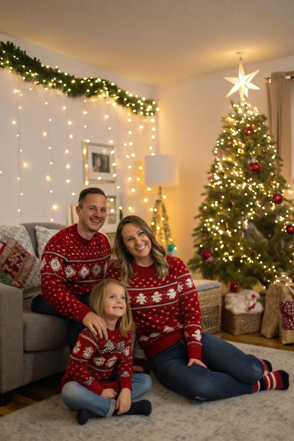 Family showcasing matching holiday pullovers.