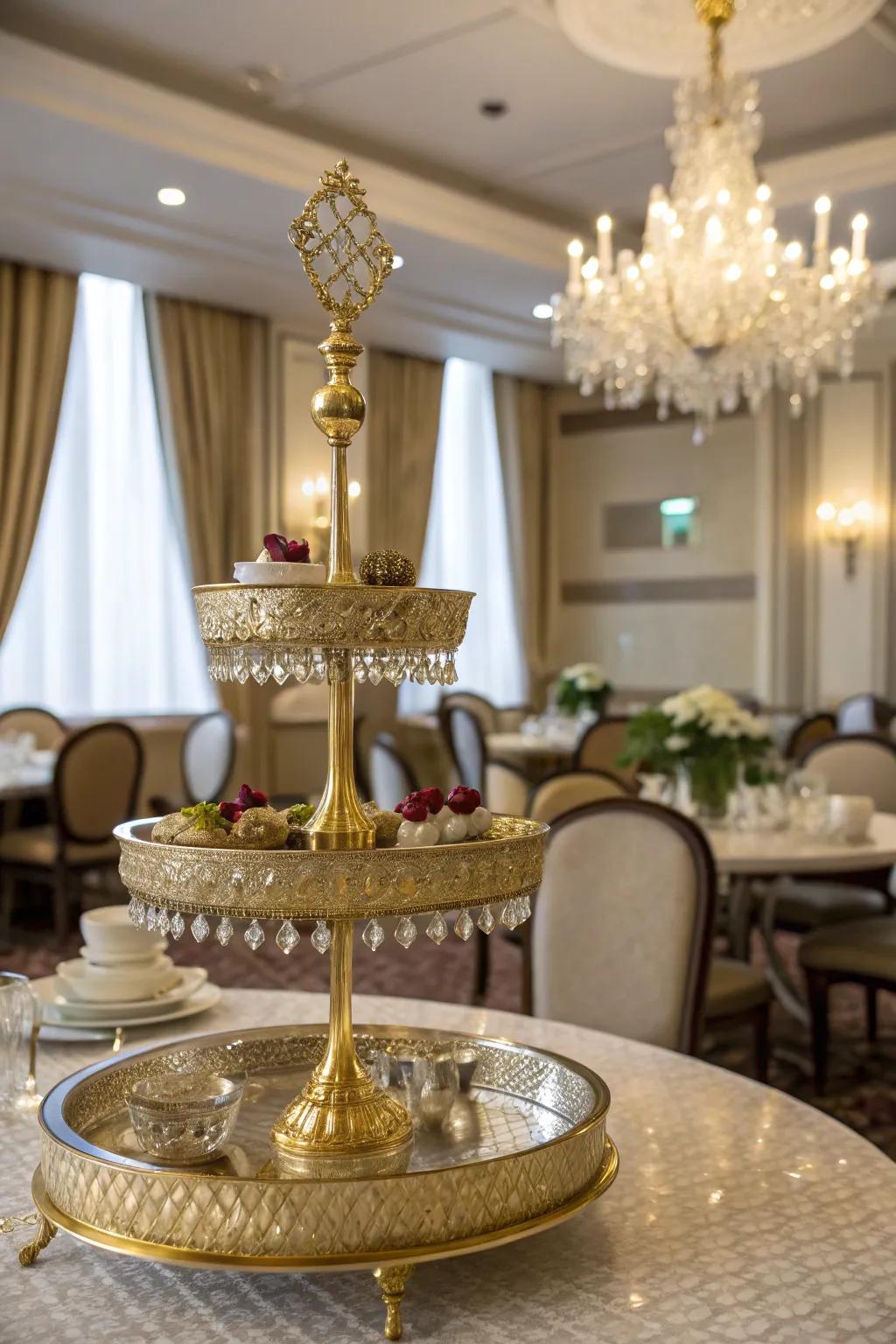 Lavish golden accents bring luxury to this tiered stand.