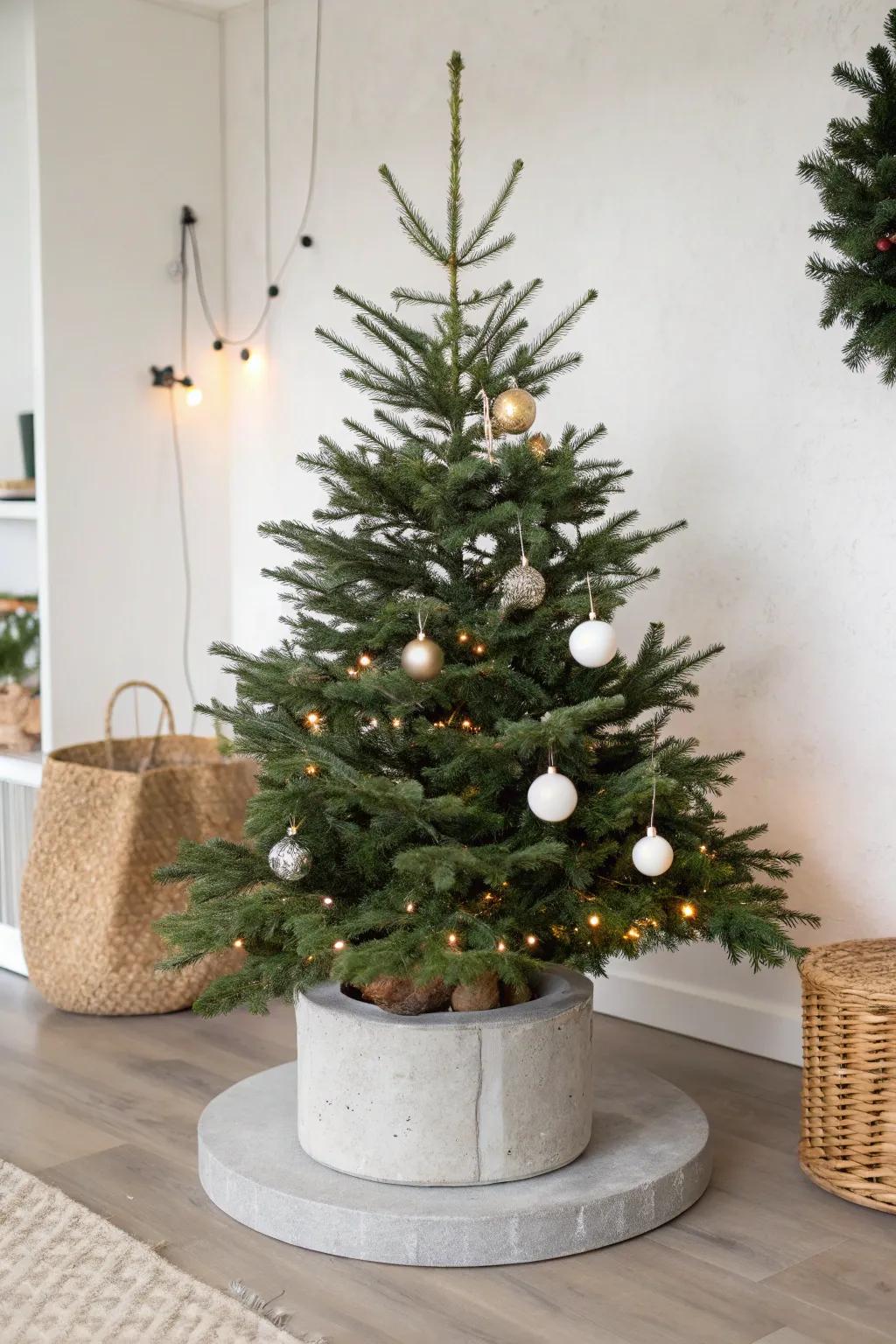 An aggregate platform furnishes a polished, modern base for your tree.