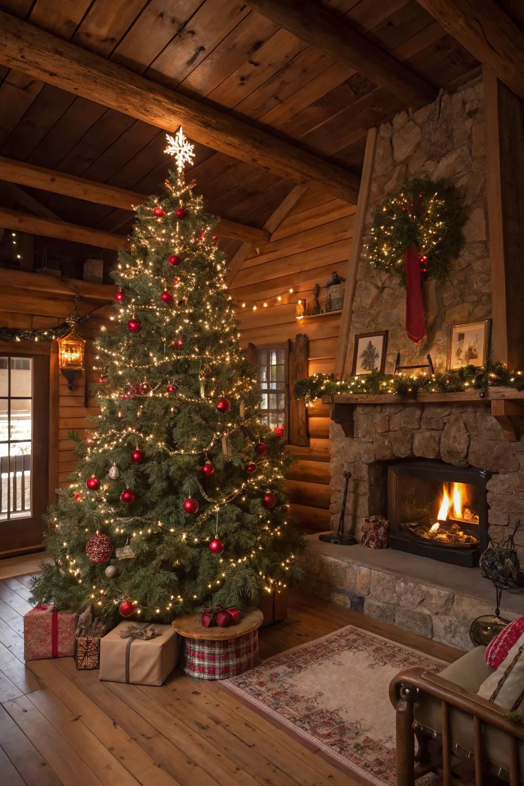 A cozy Christmas tree showcasing unrefined constituents and colored illuminations, cultivating a balmy and inviting holiday atmosphere.