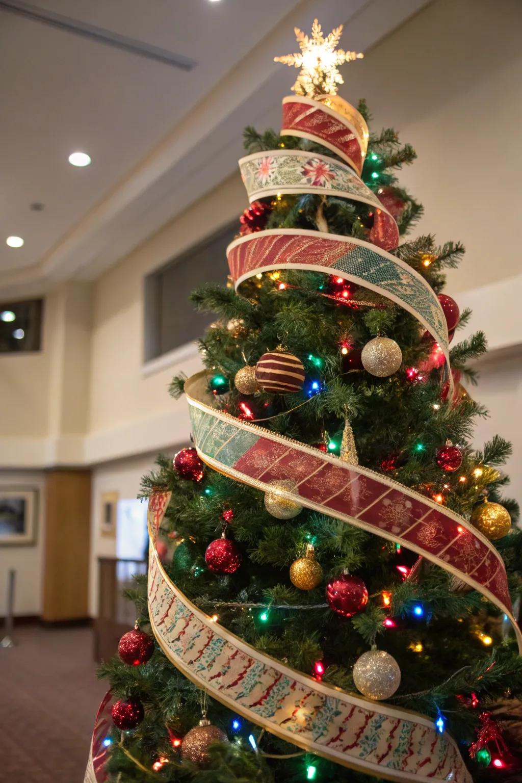 A Christmas tree with spiraled ribbons, injecting dynamic movement into the festive display.
