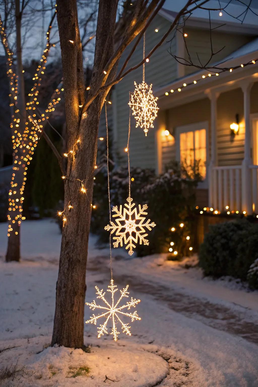 Illuminated snow crystal decorations hanging elegantly from trees.