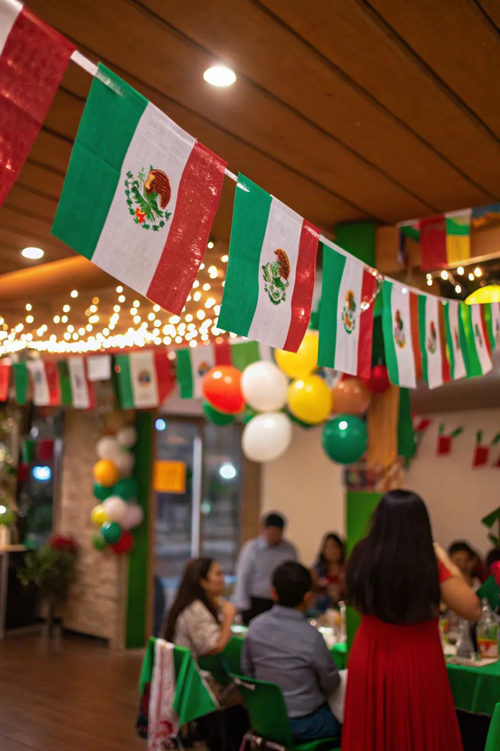 A handcrafted Mexican standard garland adds cultural flair to the decoration.