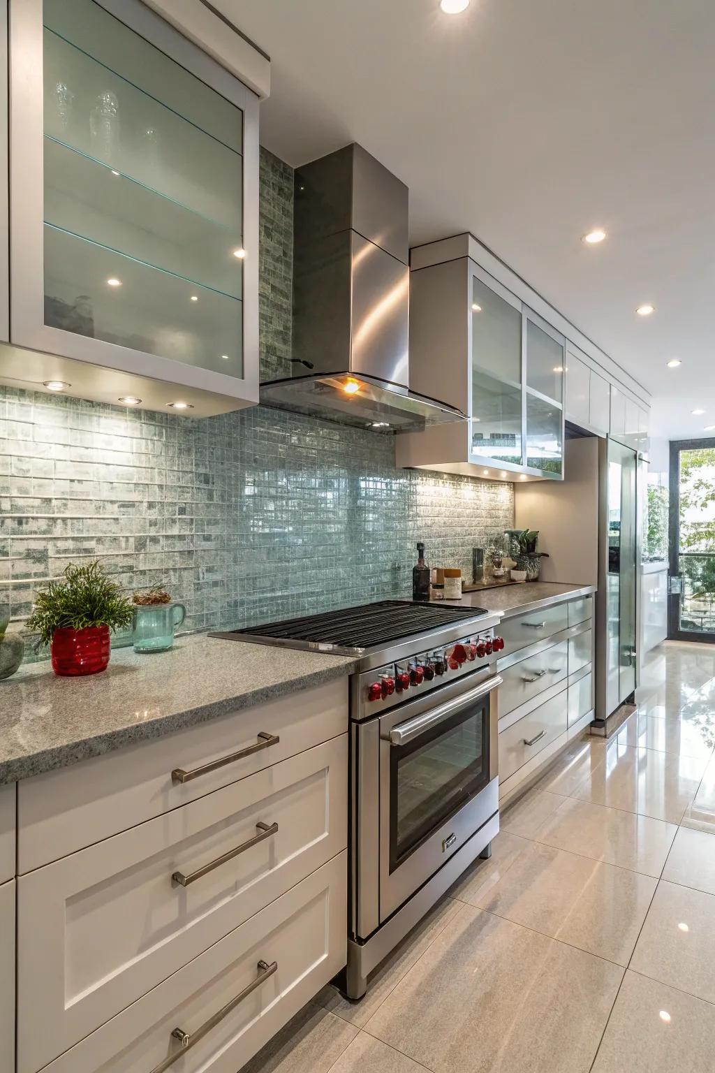 Crystal sections fashion a sleek and radiant kitchen ambiance.