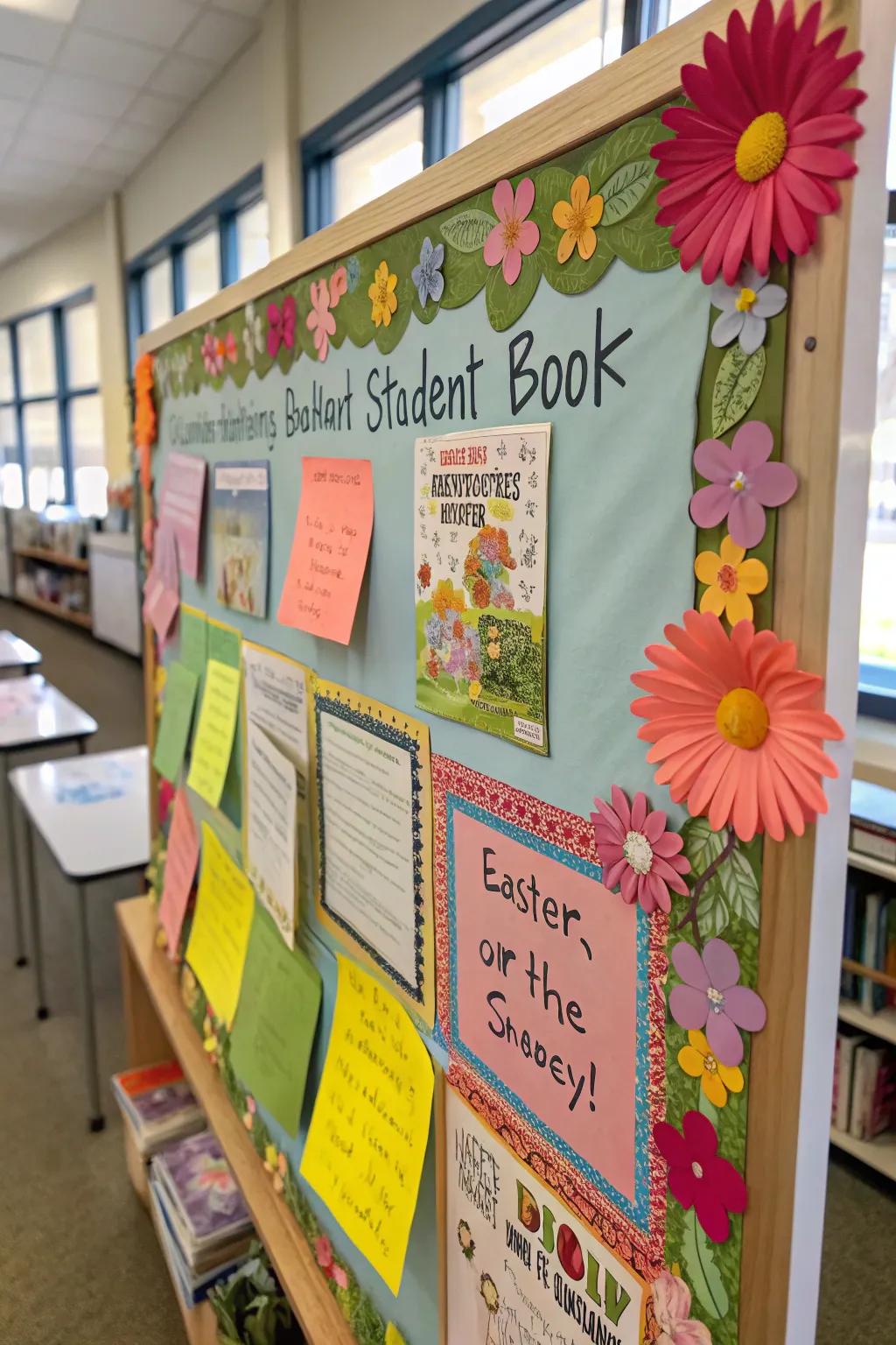 A storytelling-centered bulletin board exhibiting spring narrative illustrations.