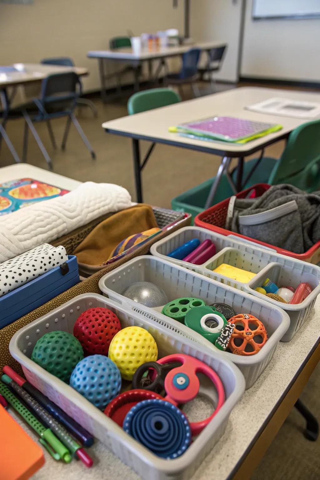 Organizers filled with sensory tools for student support
