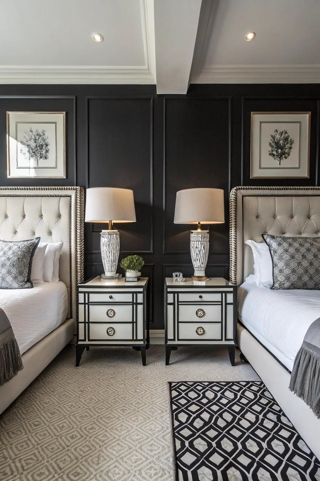 Symmetrical design brings balance to this sophisticated bedroom.