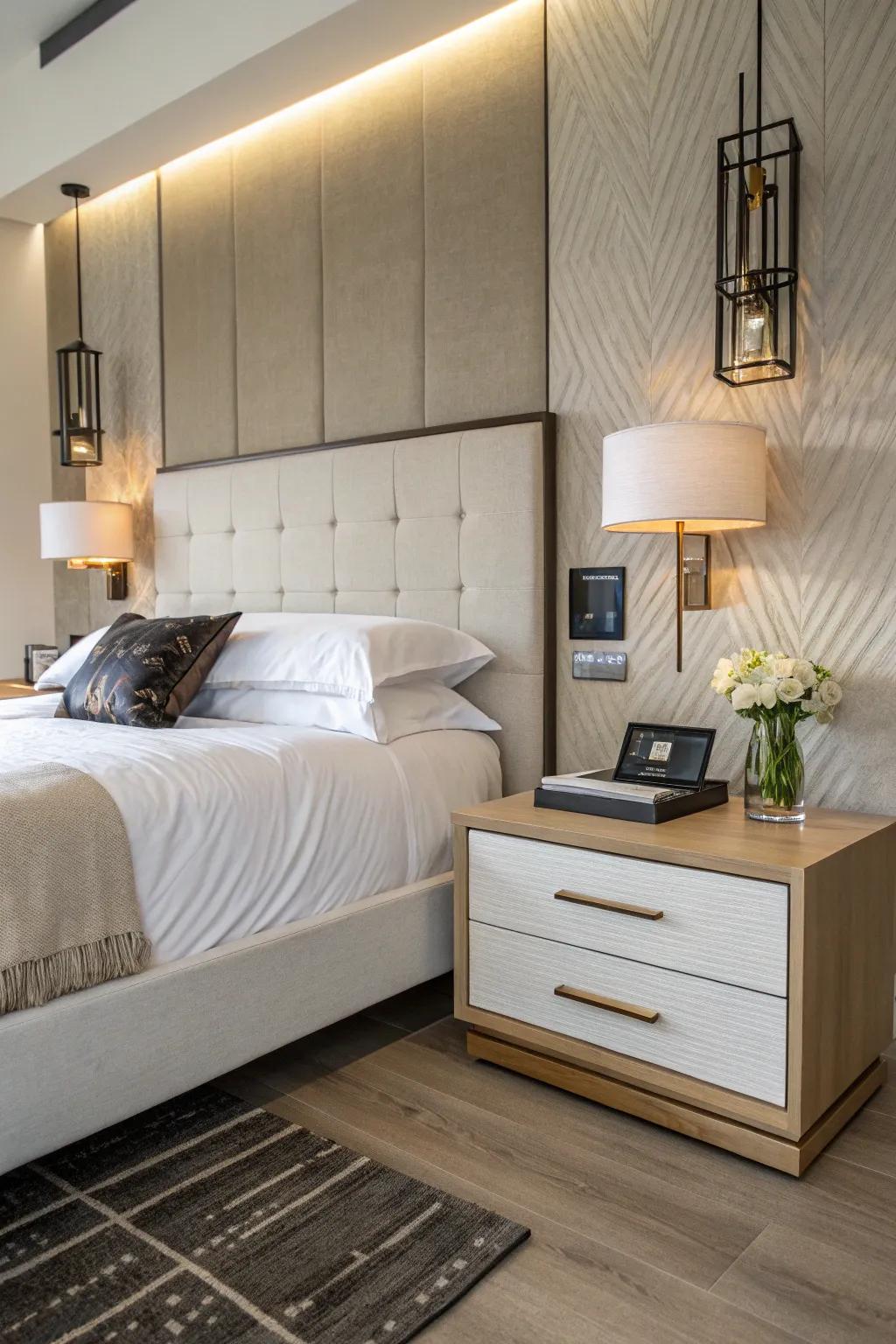 Raised bedside tables offer style and functionality.