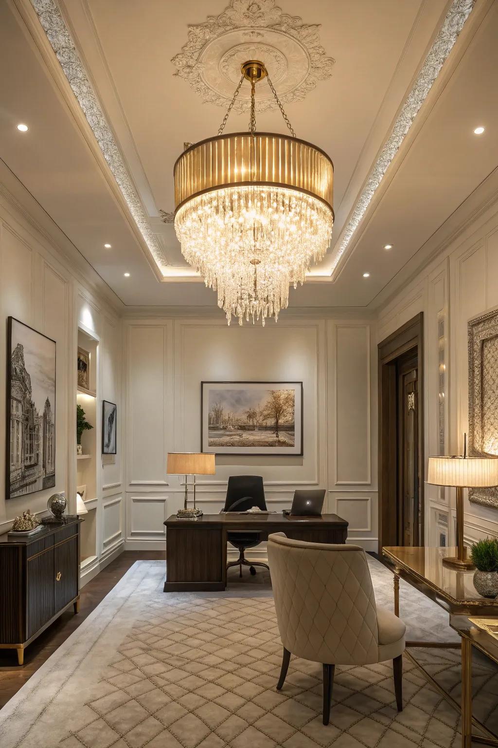 A standout lighting piece adds drama and style to a leadership office.