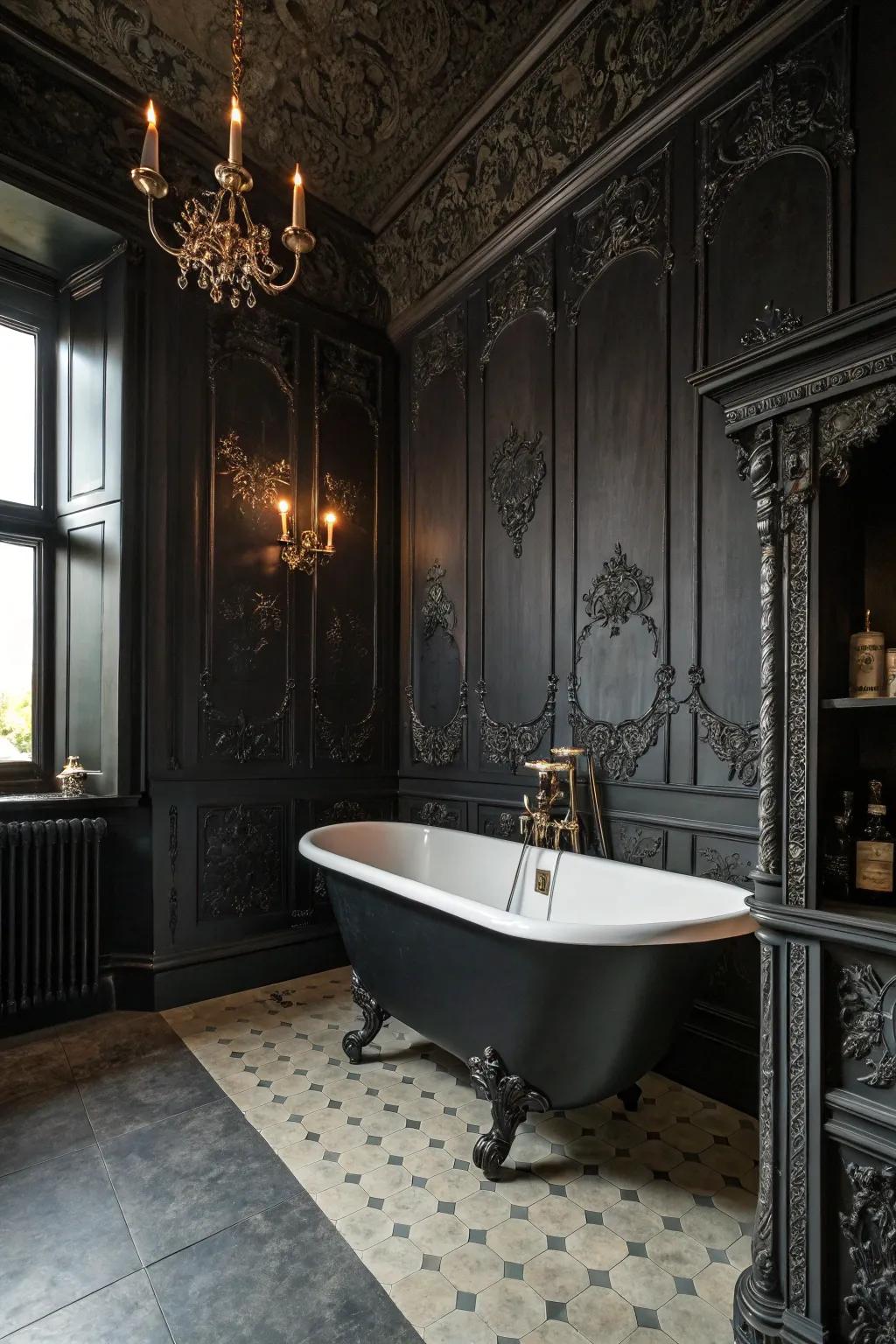 A Dark Ages lavatory where deep elegance and mystery fuse seamlessly.