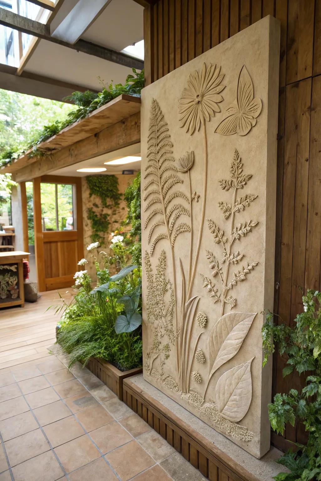 Lush garden clay relief sculpture, introducing a burst of green into your home.