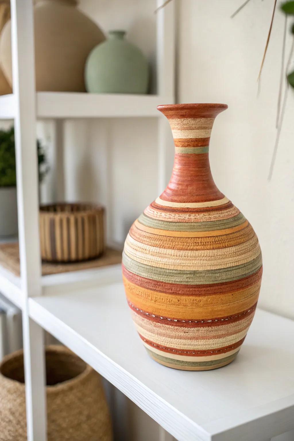 An earthenware flower holder with layered color stripes that adds a contemporary flair.