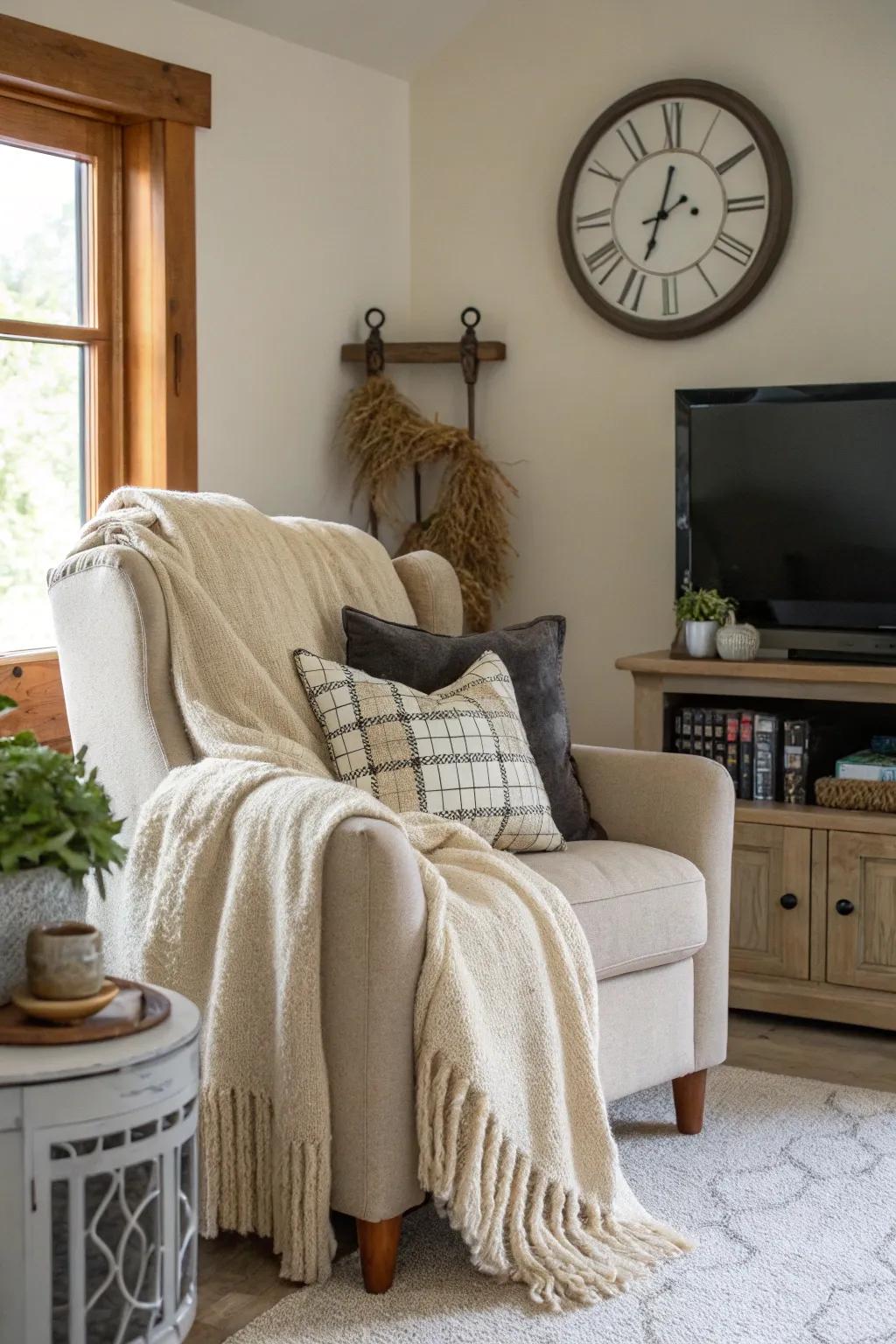 Textiles develop a comfortable corner near the television and clock.