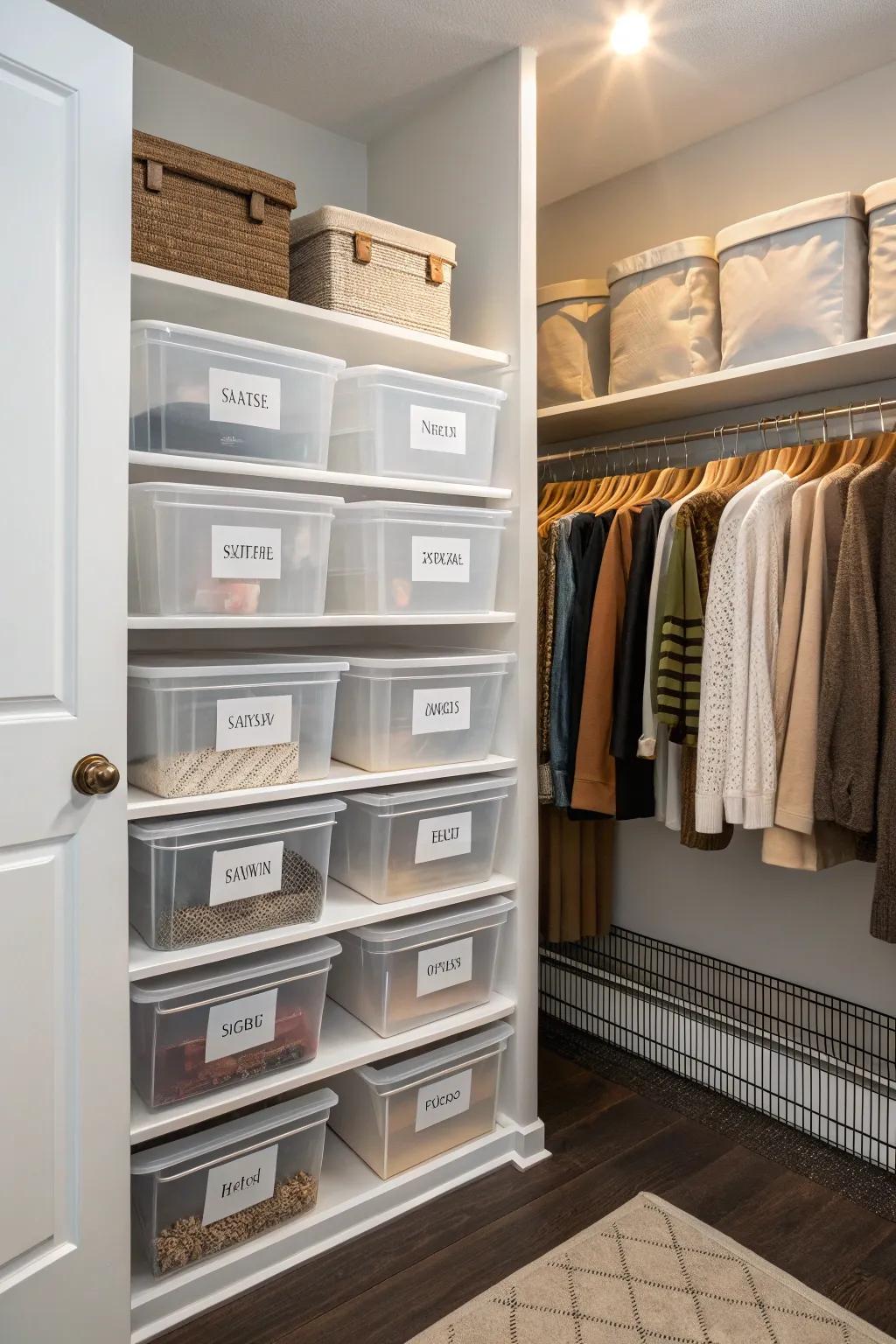 Seasonal stowage maintains closet organization throughout the year.