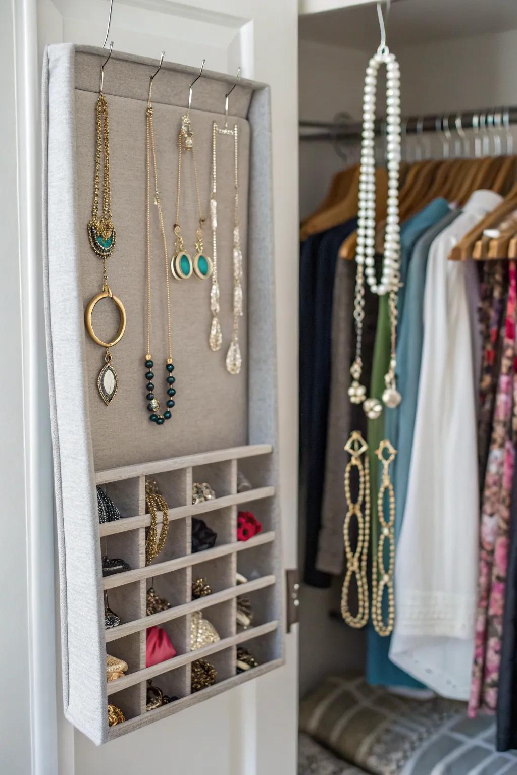 A jewelry organizer keeps accessories visible and tangle-free.