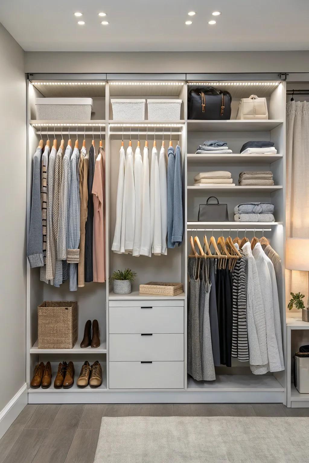 Slide-in hangers offer flexibility for dynamic closet design.